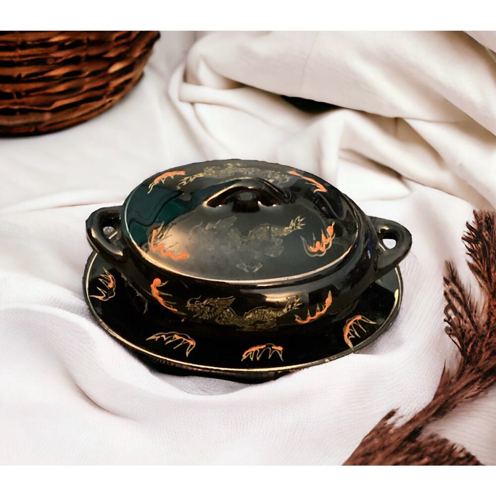 Vintage Acme Japan Pottery Small Condiment Jar with Lid and Under Plate, Dragon